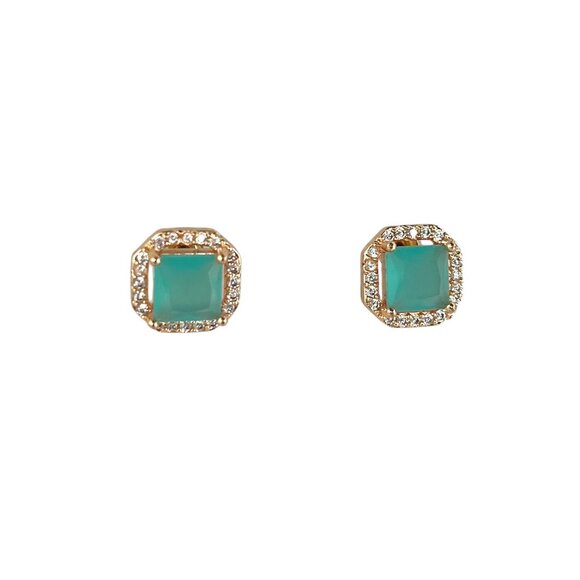 Elegant Turquoise & Gold-Tone Stud Earrings Sparkling Crystal Accents Square - Picture 2 of 5